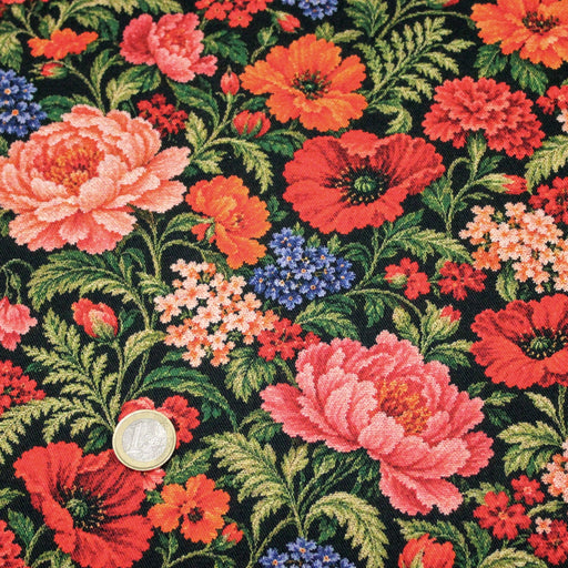 Tissu gabardine coton imprimée motif JACQUARD FLORAL multicolore - TissusPapi.com