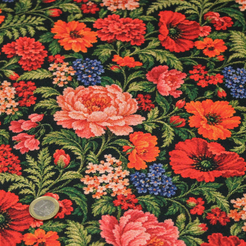 Tissu gabardine coton imprimée motif JACQUARD FLORAL multicolore - TissusPapi.com