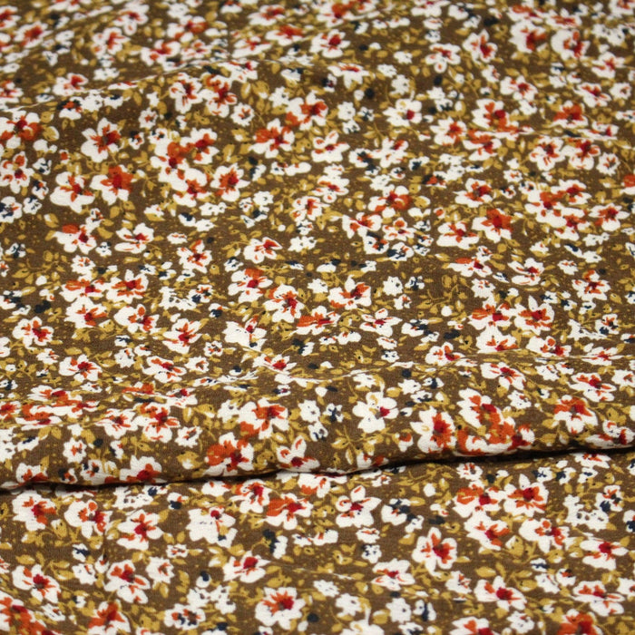 Tissu Viscose crêpe ocre fleuri blanc rouille noir - TissusPapi.com