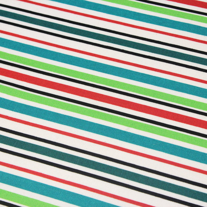 Tissu Bayadère de coton aux rayures vertes, rouges et noires, fond blanc