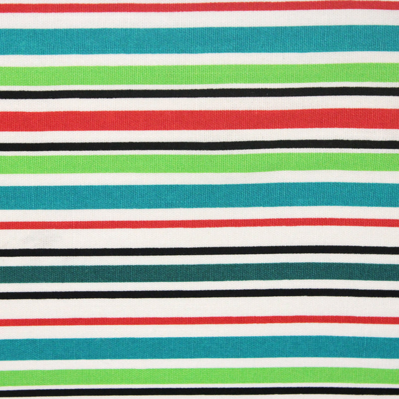 Tissu Bayadère de coton aux rayures vertes, rouges et noires, fond blanc - TissusPapi.com