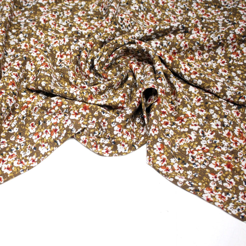 Tissu Viscose crêpe ocre fleuri blanc rouille noir - TissusPapi.com