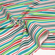 Tissu Bayadère de coton aux rayures vertes, rouges et noires, fond blanc - TissusPapi.com