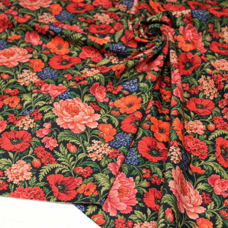 Tissu gabardine coton imprimée motif JACQUARD FLORAL multicolore - TissusPapi.com