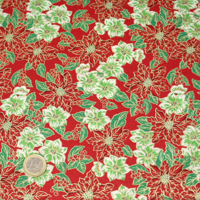 Tissu coton NOËL rouge aux fleurs blanches et rouges, touches dorées - OEKO-TEX