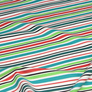 Tissu Bayadère de coton aux rayures vertes, rouges et noires, fond blanc - TissusPapi.com