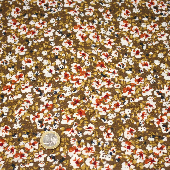 Tissu Viscose crêpe ocre fleuri blanc rouille noir - TissusPapi.com