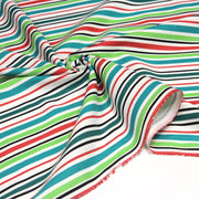 Tissu Bayadère de coton aux rayures vertes, rouges et noires, fond blanc - TissusPapi.com
