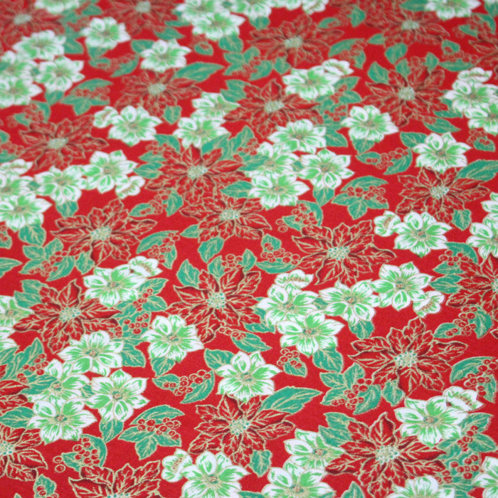 Tissu coton NOËL rouge aux fleurs blanches et rouges, touches dorées - OEKO-TEX