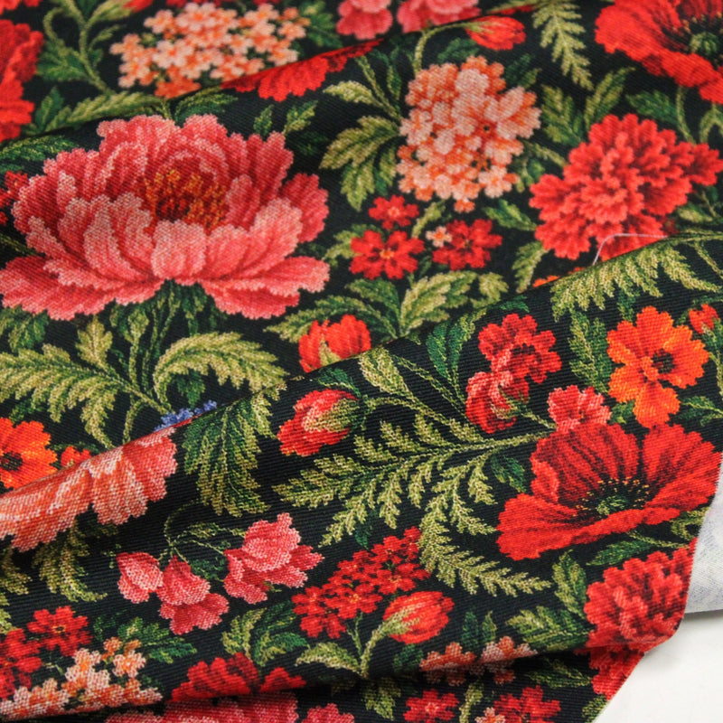Tissu gabardine coton imprimée motif JACQUARD FLORAL multicolore - TissusPapi.com