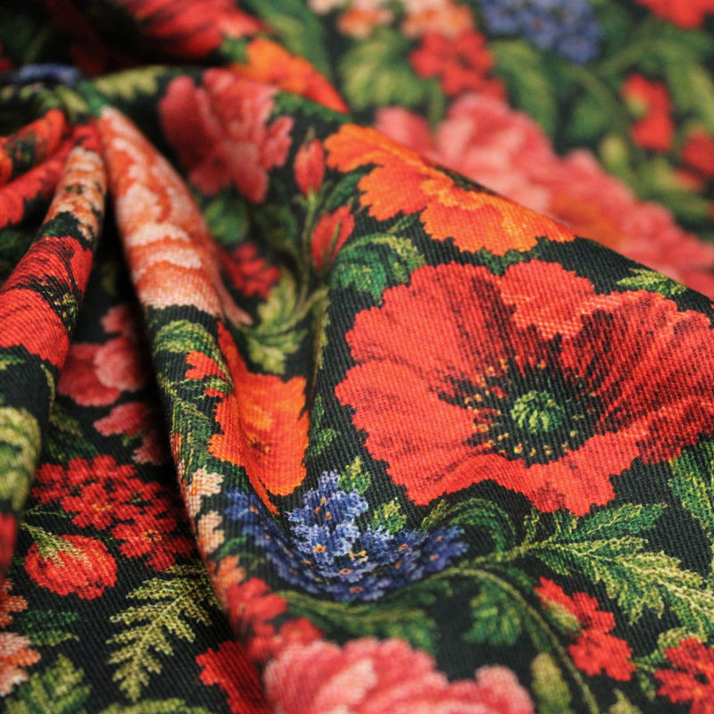Tissu gabardine coton imprimée motif JACQUARD FLORAL multicolore - TissusPapi.com