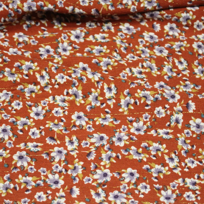 Tissu Viscose crêpe rouille, fleuri blanc & mauve et liserés lurex dorés - TissusPapi.com