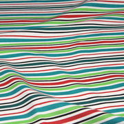 Tissu Bayadère de coton aux rayures vertes, rouges et noires, fond blanc - TissusPapi.com