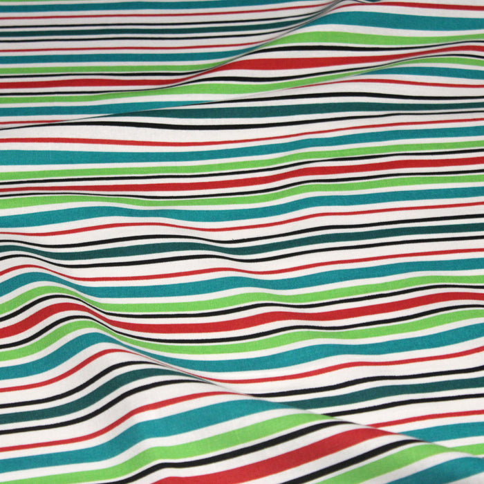 Tissu Bayadère de coton aux rayures vertes, rouges et noires, fond blanc