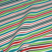 Tissu Bayadère de coton aux rayures vertes, rouges et noires, fond blanc - TissusPapi.com
