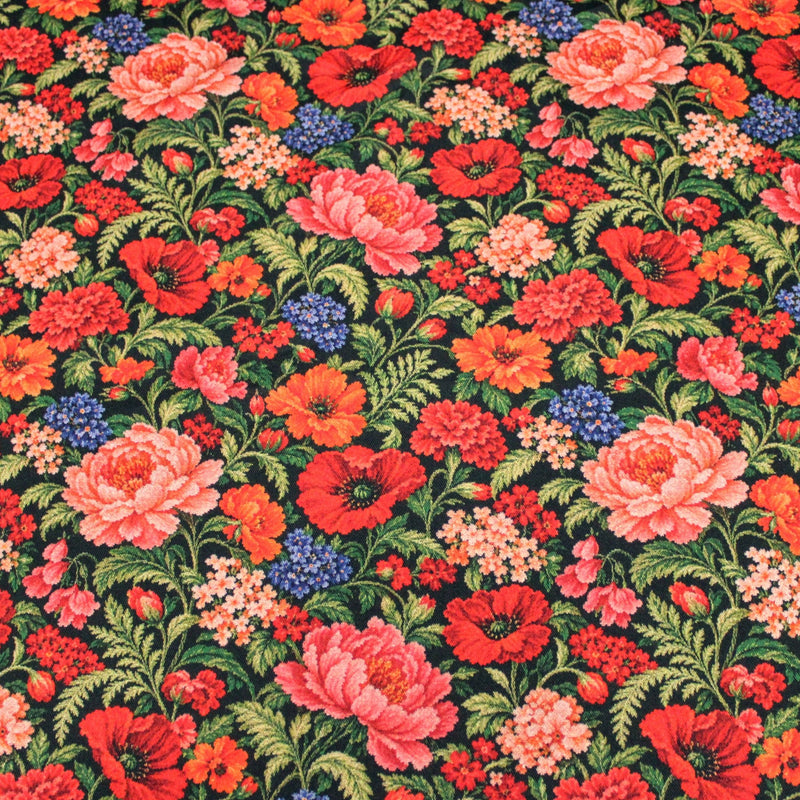 Tissu gabardine coton imprimée motif JACQUARD FLORAL multicolore - TissusPapi.com