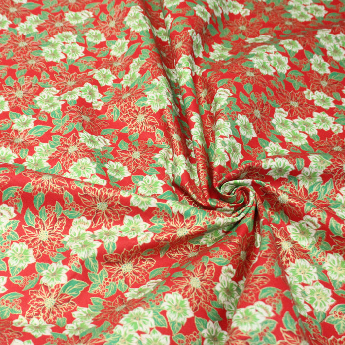 Tissu coton NOËL rouge aux fleurs blanches et rouges, touches dorées - OEKO-TEX