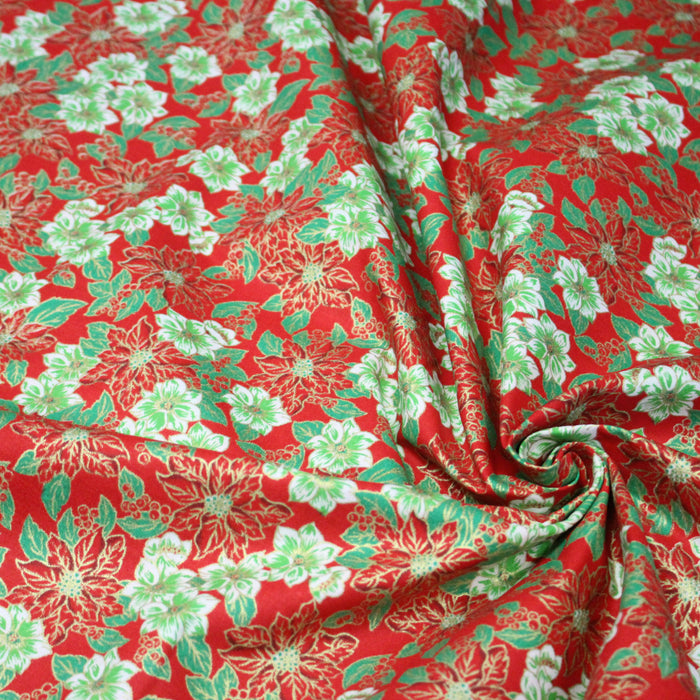 Tissu coton NOËL rouge aux fleurs blanches et rouges, touches dorées - OEKO-TEX