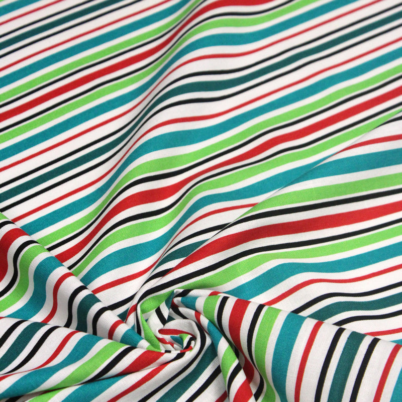 Tissu Bayadère de coton aux rayures vertes, rouges et noires, fond blanc - TissusPapi.com