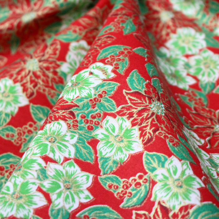 Tissu coton NOËL rouge aux fleurs blanches et rouges, touches dorées - OEKO-TEX