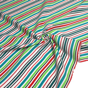 Tissu Bayadère de coton aux rayures vertes, rouges et noires, fond blanc - TissusPapi.com