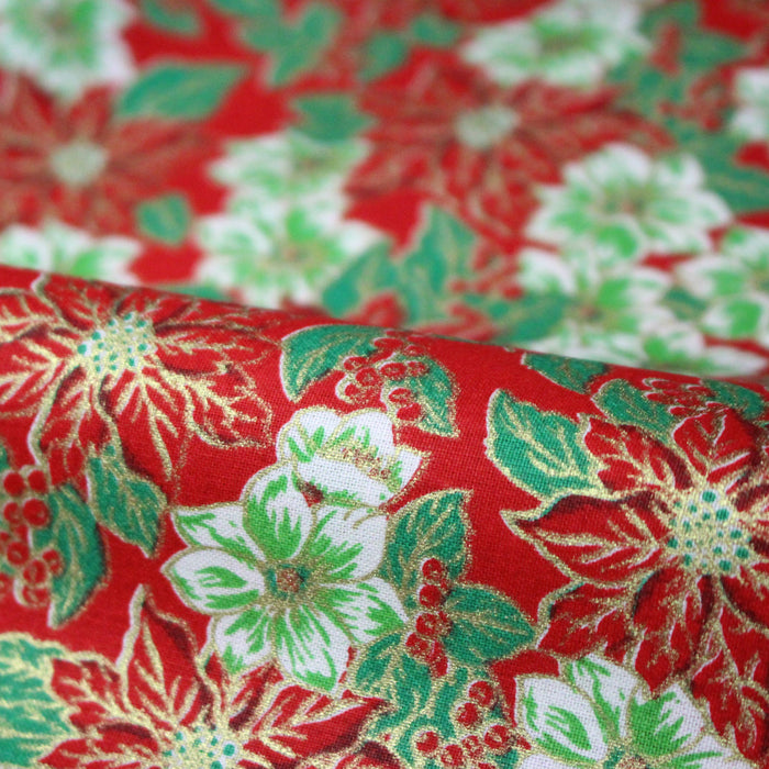 Tissu coton NOËL rouge aux fleurs blanches et rouges, touches dorées - OEKO-TEX