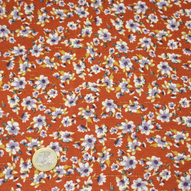 Tissu Viscose crêpe rouille, fleuri blanc & mauve et liserés lurex dorés - TissusPapi.com