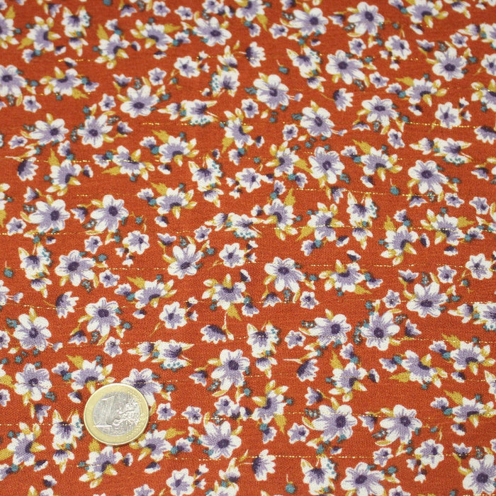 Tissu Viscose crêpe rouille, fleuri blanc & mauve et liserés lurex dorés - TissusPapi.com
