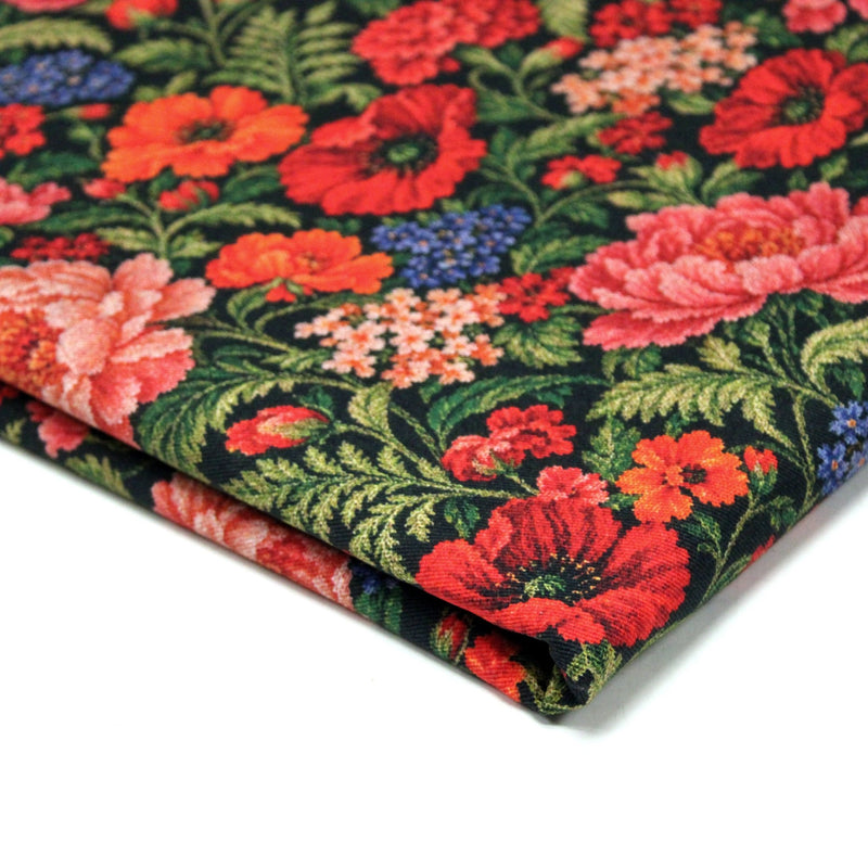 Tissu gabardine coton imprimée motif JACQUARD FLORAL multicolore - TissusPapi.com