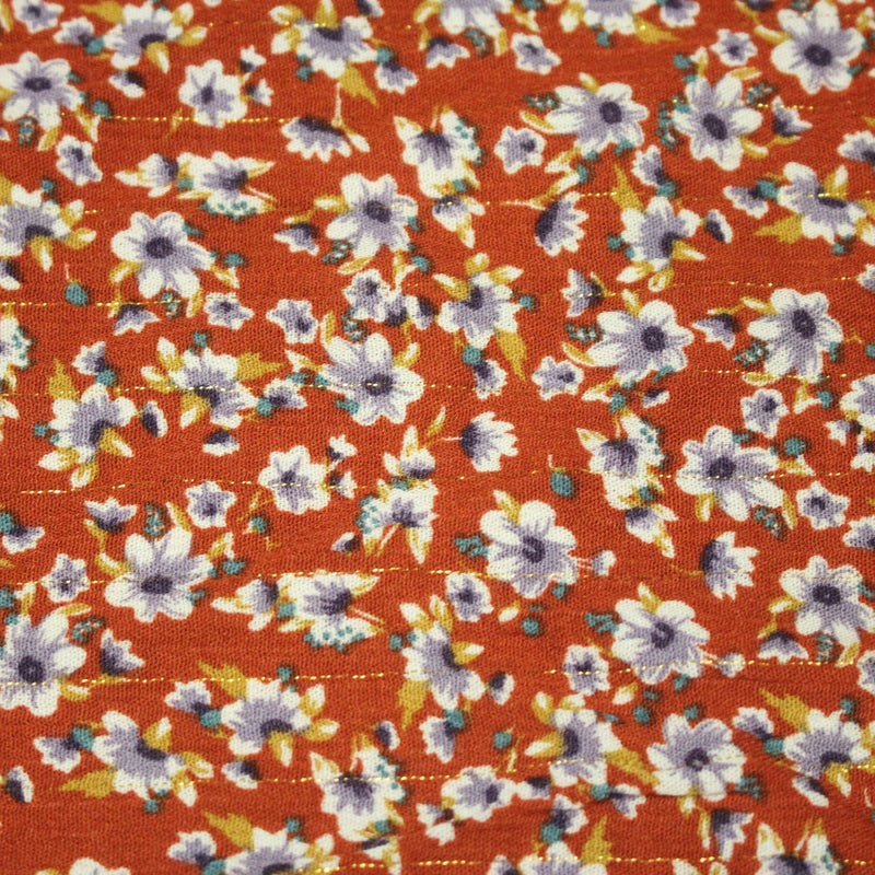 Tissu Viscose crêpe rouille, fleuri blanc & mauve et liserés lurex dorés - TissusPapi.com