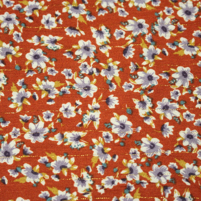 Tissu Viscose crêpe rouille, fleuri blanc & mauve et liserés lurex dorés - TissusPapi.com