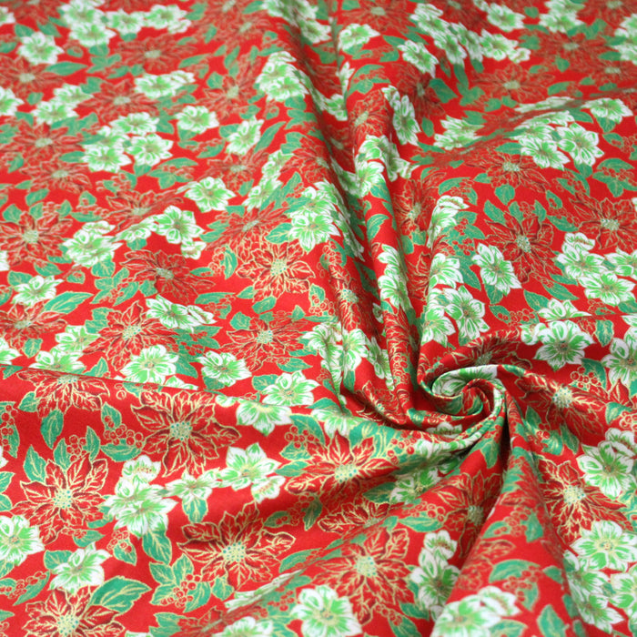 Tissu coton NOËL rouge aux fleurs blanches et rouges, touches dorées - OEKO-TEX