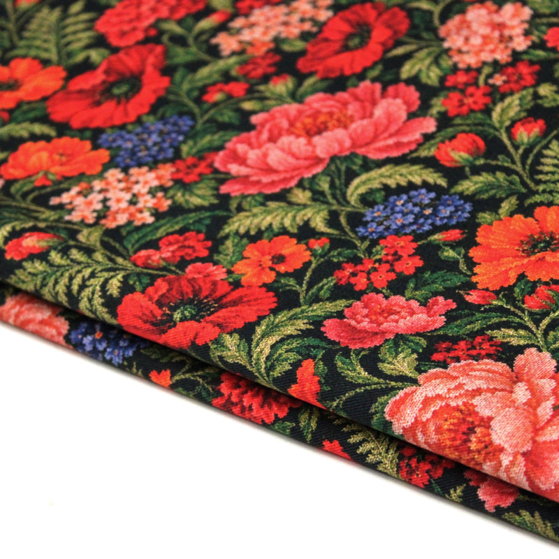 Tissu gabardine coton imprimée motif JACQUARD FLORAL multicolore - TissusPapi.com
