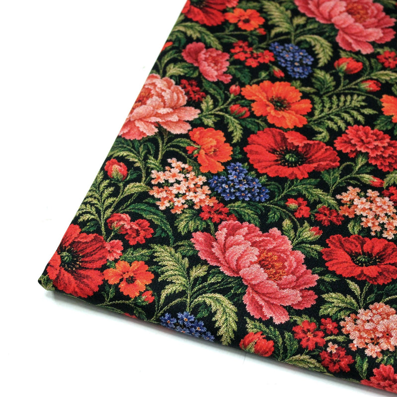 Tissu gabardine coton imprimée motif JACQUARD FLORAL multicolore - TissusPapi.com