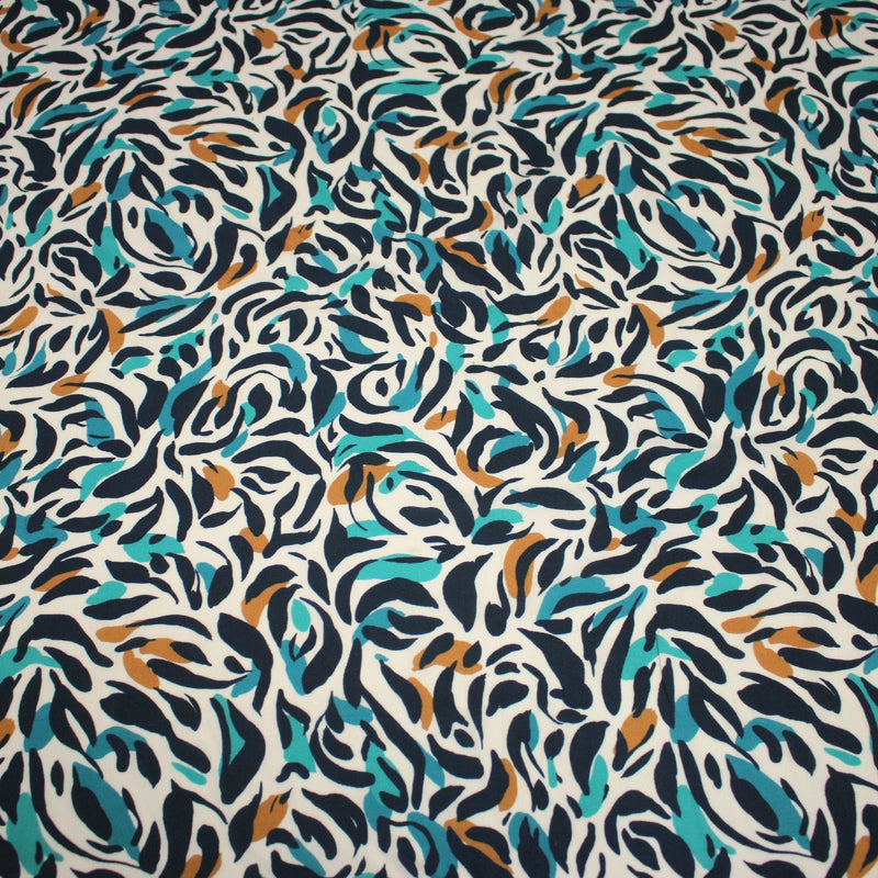 Tissu Viscose fluide au feuillage marine canard et ocre, fond écru - TissusPapi.com
