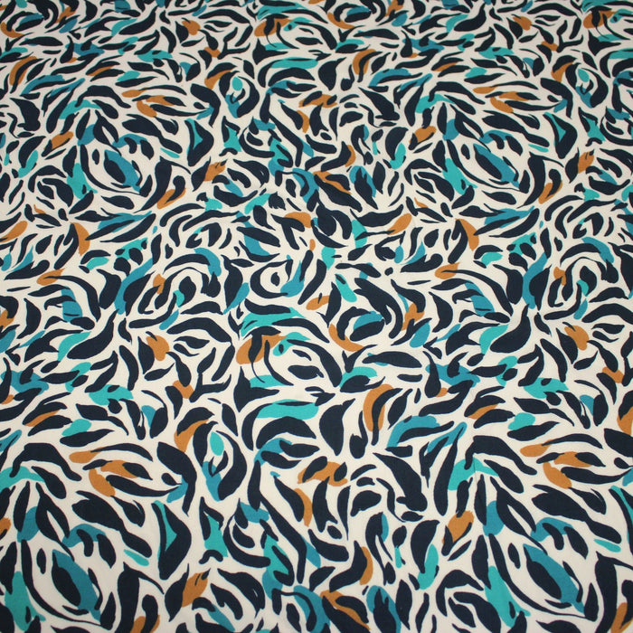 Tissu Viscose fluide au feuillage marine canard et ocre, fond écru - TissusPapi.com