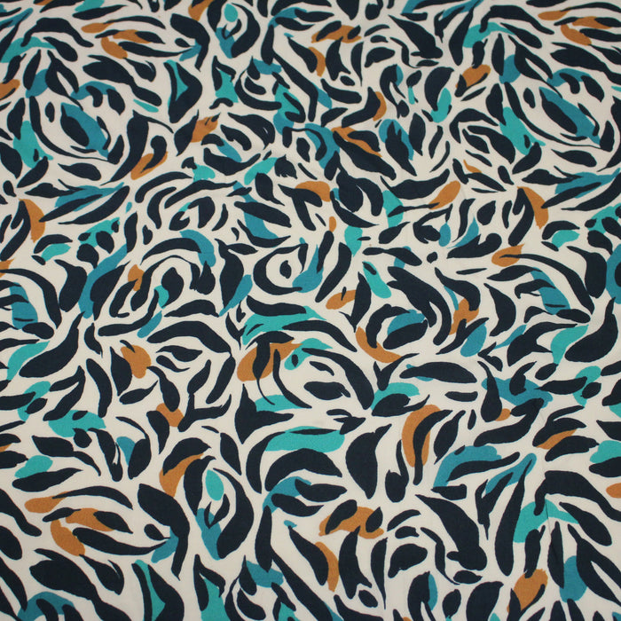 Tissu Viscose fluide au feuillage marine canard et ocre, fond écru - TissusPapi.com