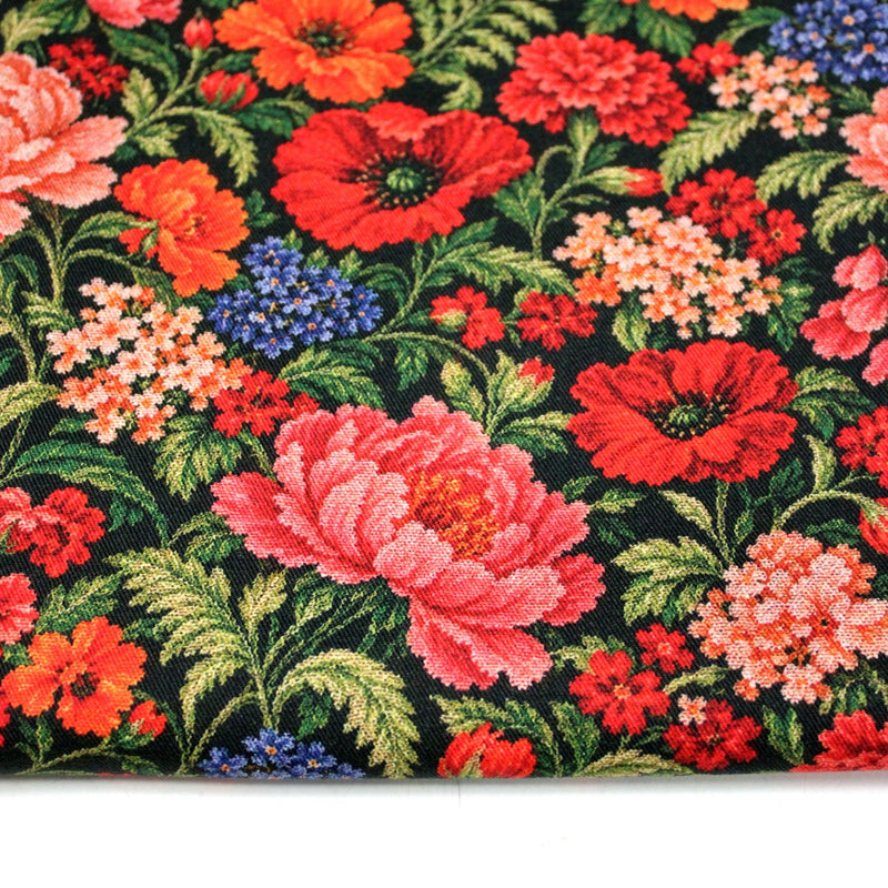 Tissu gabardine coton imprimée motif JACQUARD FLORAL multicolore - TissusPapi.com
