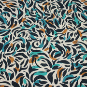 Tissu Viscose fluide au feuillage marine canard et ocre, fond écru - TissusPapi.com