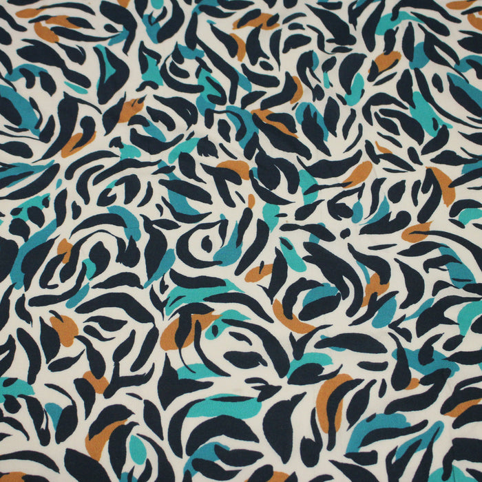 Tissu Viscose fluide au feuillage marine canard et ocre, fond écru - TissusPapi.com