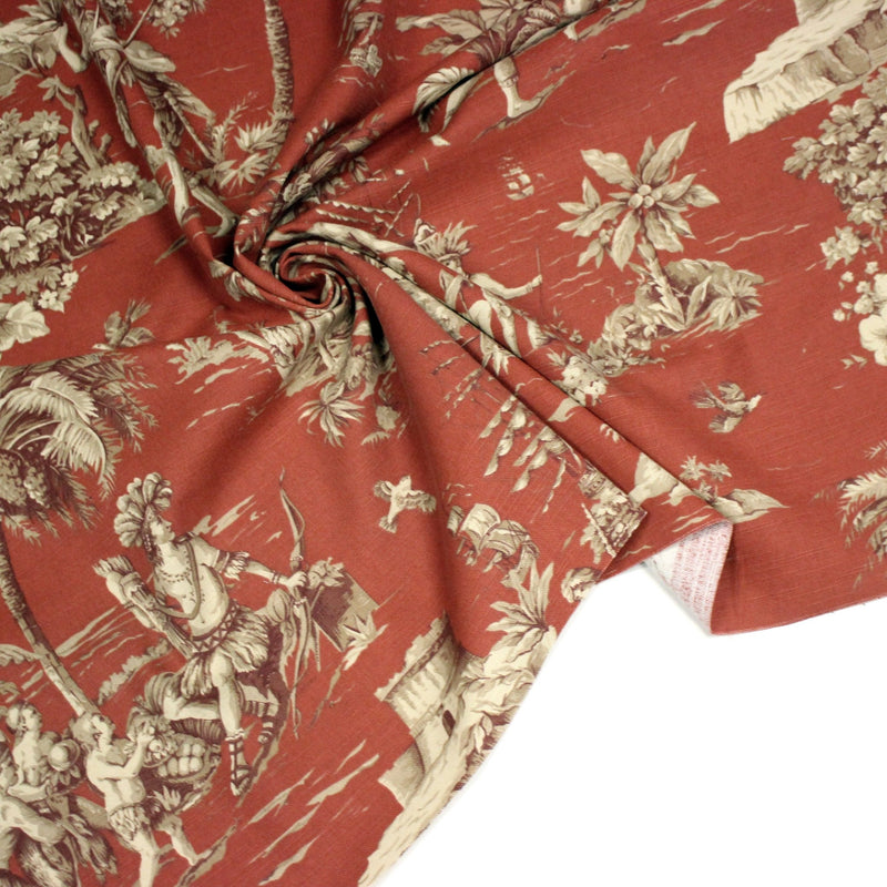 Tissu coton épais TOILE DE JOUY "LES AMERINDIENS", rouille rouge & écru - TissusPapi.com