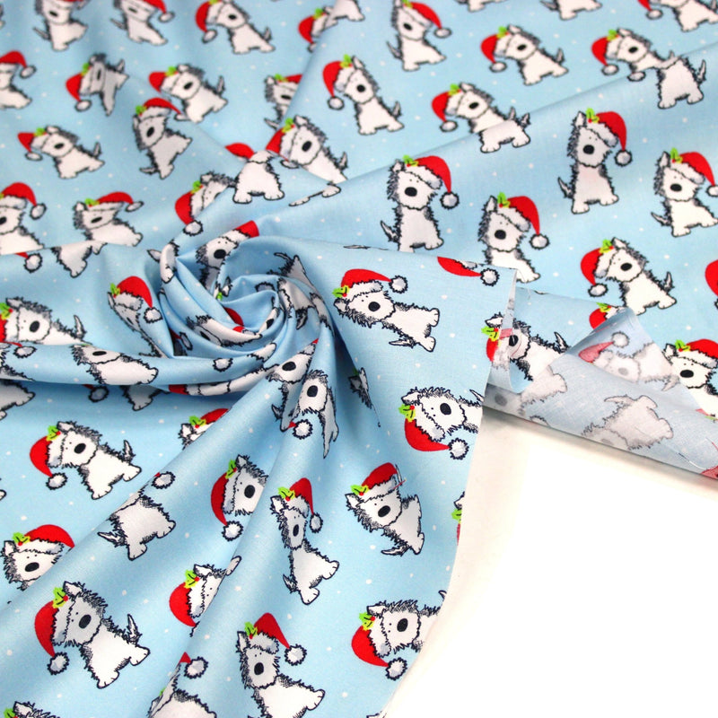 Tissu popeline de coton de Noël, petit chien & bonnet du père Noël - TissusPapi.com