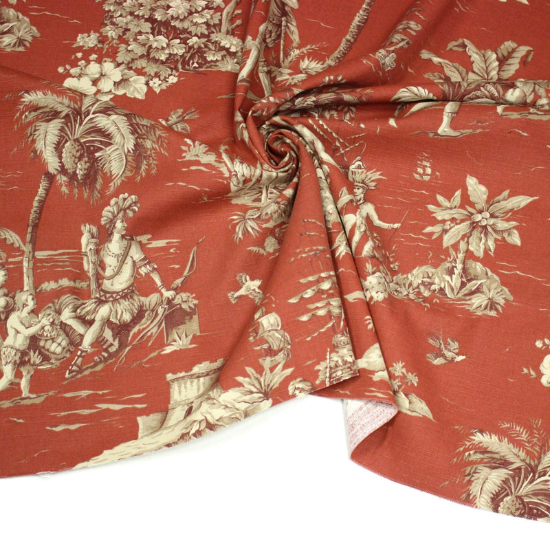 Tissu coton épais TOILE DE JOUY "LES AMERINDIENS", rouille rouge & écru - TissusPapi.com