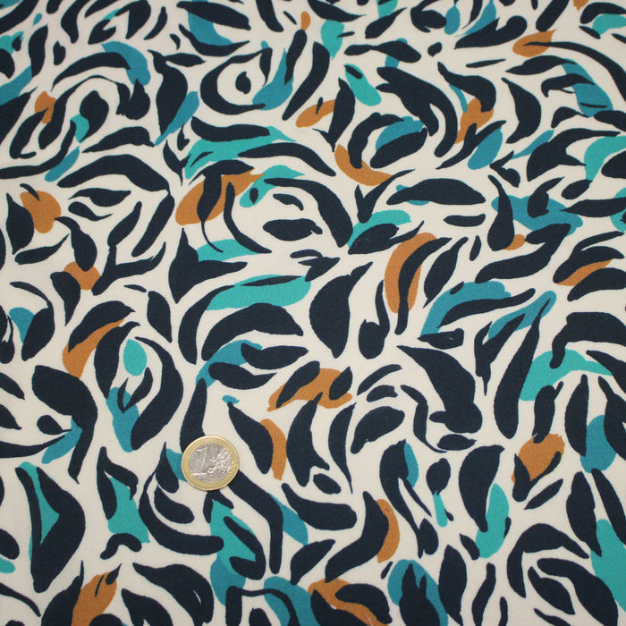 Tissu Viscose fluide au feuillage marine canard et ocre, fond écru - TissusPapi.com