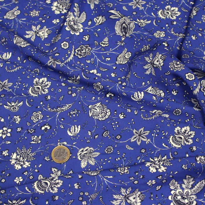 Tissu Microfibre de viscose bleu roi aux fleurs noires et blanches - COLLECTION KALAMKARI - OEKO-TEX