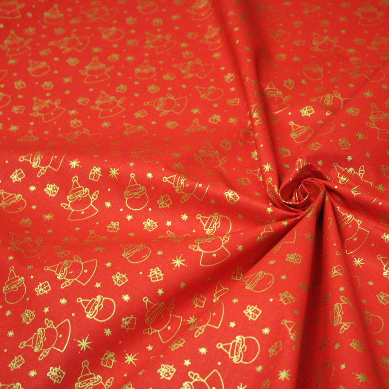 Tissu coton NOËL rouge au Père - Noël et cadeaux dorés - OEKO - TEX - TissusPapi.com