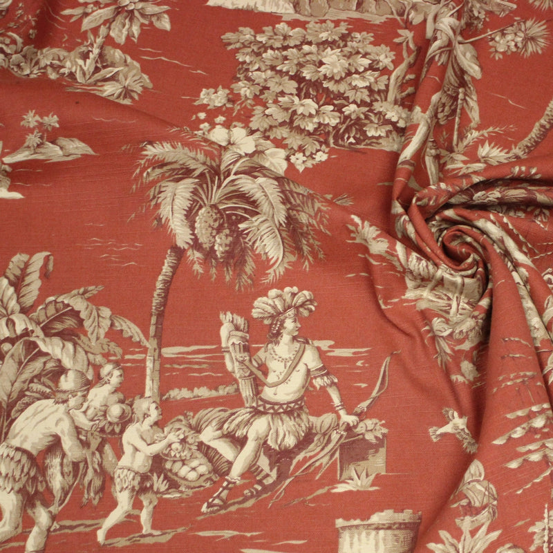 Tissu coton épais TOILE DE JOUY "LES AMERINDIENS", rouille rouge & écru - TissusPapi.com