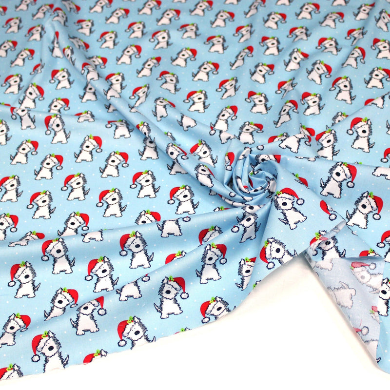 Tissu popeline de coton de Noël, petit chien & bonnet du père Noël - TissusPapi.com