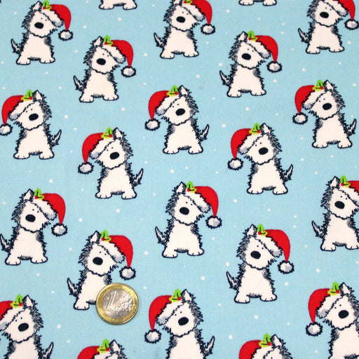 Tissu popeline de coton de Noël, petit chien & bonnet du père Noël - TissusPapi.com