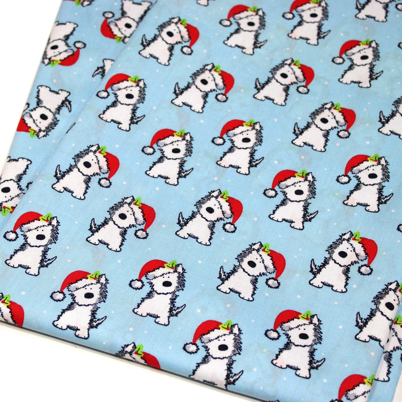Tissu popeline de coton de Noël, petit chien & bonnet du père Noël - TissusPapi.com